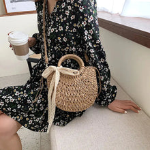 Load image into Gallery viewer, Hand-Woven Straw Moon Shape Bag with Lace Bow for Women - MELLIROE