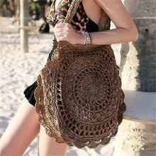 Load image into Gallery viewer, Circular straw shoulder handbag with cell phone pocket