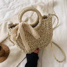 Load image into Gallery viewer, Straw Bag for Women – Hand-Woven Moon Shape Lace Bow Rattan Bag with Big Capacity, Drawstring Beach Shoulder Crossbody Bag