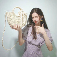 Load image into Gallery viewer, Hand-Woven Straw Moon Shape Bag with Lace Bow for Women - MELLIROE