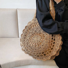 Load image into Gallery viewer, Circular straw shoulder handbag with cell phone pocket