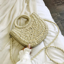 Load image into Gallery viewer, Straw Bag for Women – Hand-Woven Moon Shape Lace Bow Rattan Bag with Big Capacity, Drawstring Beach Shoulder Crossbody Bag