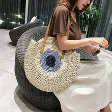 Load image into Gallery viewer, Bohemian style straw shoulder bag with cell phone pocket