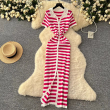 Load image into Gallery viewer, Button Down Striped Bodycon Knit Maxi Dress