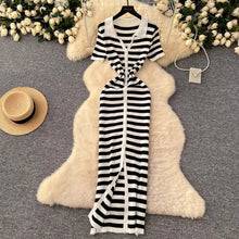 Load image into Gallery viewer, Button Down Striped Bodycon Knit Maxi Dress
