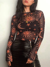 Load image into Gallery viewer, Sun Moon Printed Mesh Women Long Sleeve O-Neck Slim Fit Casual Top - Mellirose