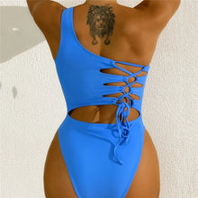 Load image into Gallery viewer, One-Shoulder Blue One Piece Swimwear