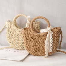 Load image into Gallery viewer, Hand-Woven Straw Moon Shape Bag with Lace Bow for Women - MELLIROE