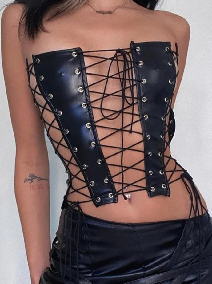 Leather Tube Top Bandaged Crop Top