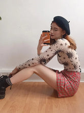 Load image into Gallery viewer, Sun Moon Printed Mesh Women Long Sleeve O-Neck Slim Fit Casual Top - Mellirose