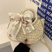 Load image into Gallery viewer, Hand-Woven Straw Moon Shape Bag with Lace Bow for Women - MELLIROE