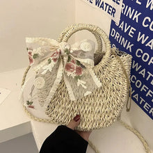 Load image into Gallery viewer, Hand-Woven Straw Moon Shape Bag with Lace Bow for Women - MELLIROE