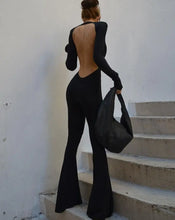 Load image into Gallery viewer, "Backless Flare Pants Bodysuit"
"Chic backless full-length bodysuit"
"Flared pants bodysuit for women"
"Stylish jumpsuit with backless design"
"Comfortable spandex polyester flare pants jumpsuit"