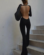 Load image into Gallery viewer, "Backless Flare Pants Bodysuit"
"Chic backless full-length bodysuit"
"Flared pants bodysuit for women"
"Stylish jumpsuit with backless design"
"Comfortable spandex polyester flare pants jumpsuit"