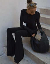 Load image into Gallery viewer, "Backless Flare Pants Bodysuit"
"Chic backless full-length bodysuit"
"Flared pants bodysuit for women"
"Stylish jumpsuit with backless design"
"Comfortable spandex polyester flare pants jumpsuit"