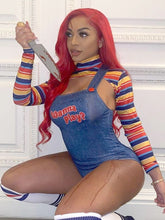 Load image into Gallery viewer, Chucky bodysuit costume for Halloween
Trendy Chucky costume with letter print
High-stretch bodysuit with turtleneck collar
Polyester Chucky costume with snug fit
Halloween costume bodysuit for Chucky fans