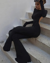 Load image into Gallery viewer, "Backless Flare Pants Bodysuit"
"Chic backless full-length bodysuit"
"Flared pants bodysuit for women"
"Stylish jumpsuit with backless design"
"Comfortable spandex polyester flare pants jumpsuit"