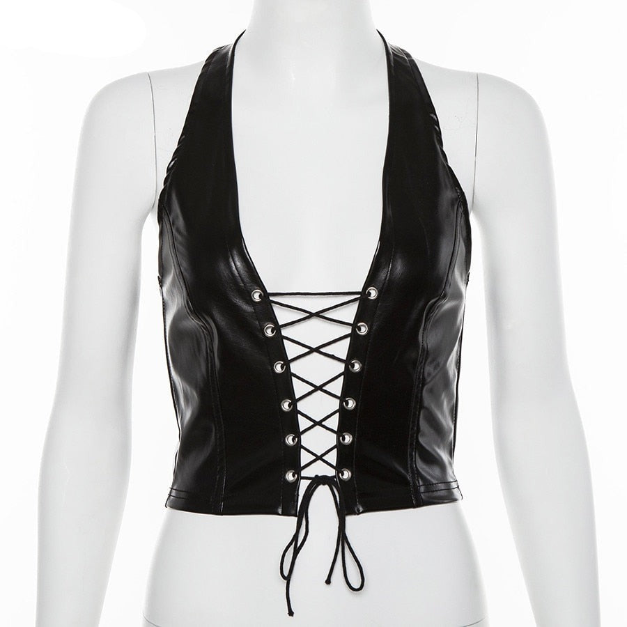 Laced Up Leather Halter Top