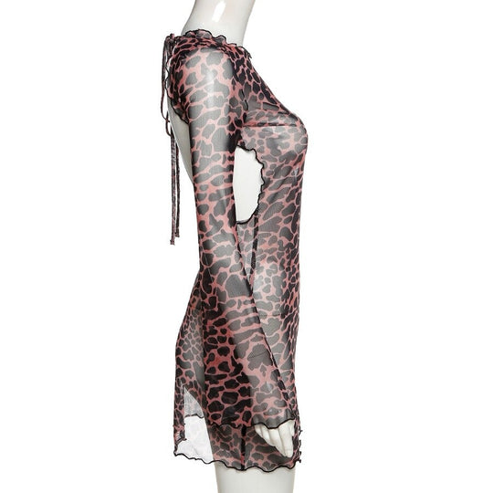 Leopard Backless See-Through Cover Up Dress