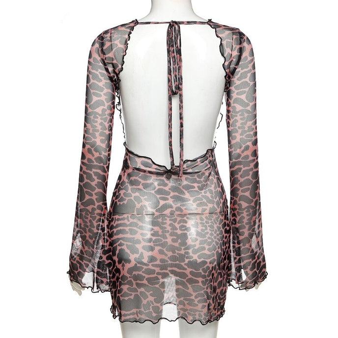 Leopard Backless See-Through Cover Up Dress