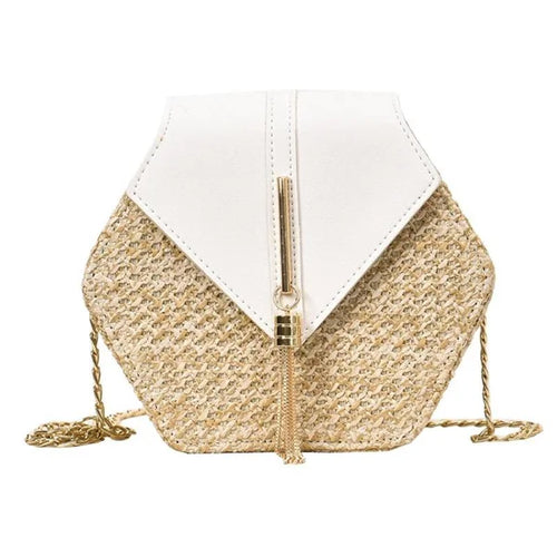 Hexagon Straw & Leather Handbag for Women, boho beach bag design - MELLIROSE