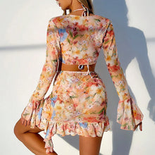 Load image into Gallery viewer, 4-Piece Floral Micro Bikini Set – Thong, Crop Top &amp; Skirt Cover-Up
