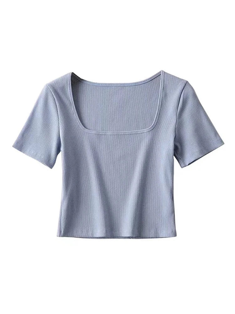 Women’s Square Neck Ribbed Crop T-Shirt – Short Sleeve Summer Top - Mellirose