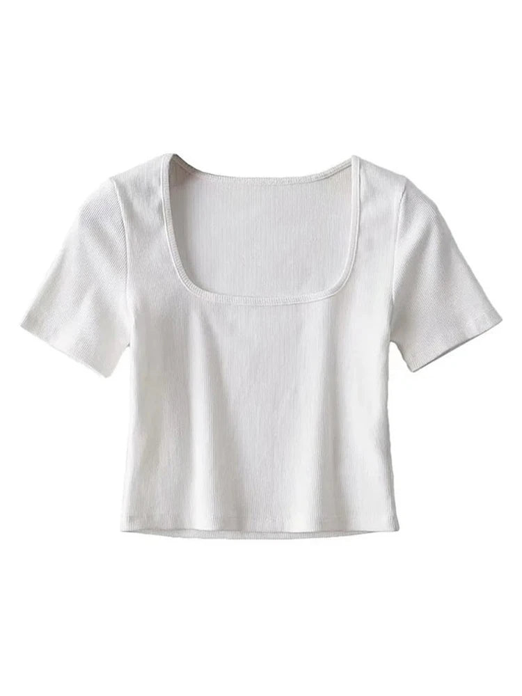 Women’s Square Neck Ribbed Crop T-Shirt – Short Sleeve Summer Top - Mellirose