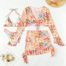 Load image into Gallery viewer, 4-Piece Floral Micro Bikini Set – Thong, Crop Top &amp; Skirt Cover-Up
