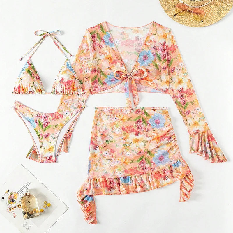 4-Piece Floral Micro Bikini Set – Thong, Crop Top & Skirt Cover-Up