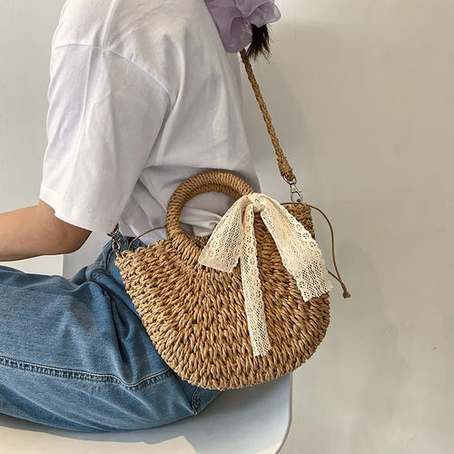 Hand-Woven Straw Moon Shape Bag with Lace Bow for Women - MELLIROE