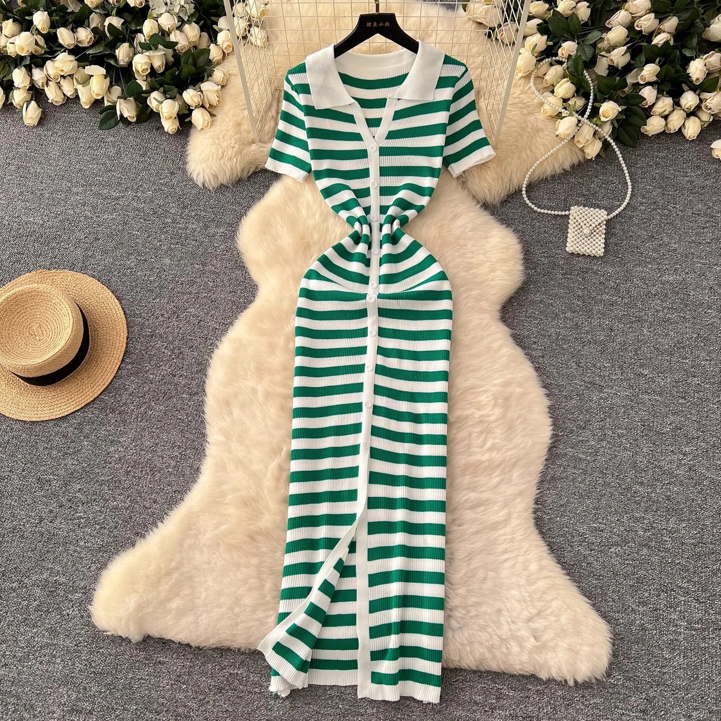 Button Down Striped Bodycon Knit Maxi Dress