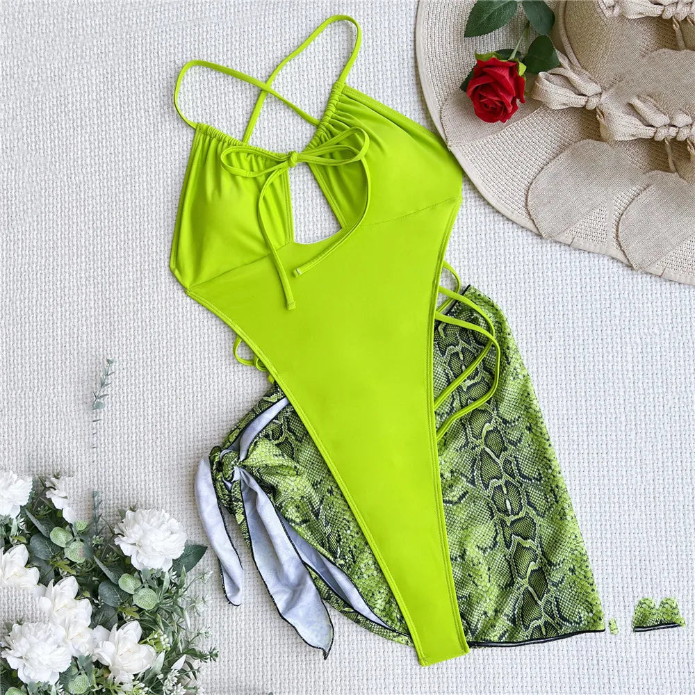 Snake Print Cutout Monokini – Backless, Cross-Strap One-Piece