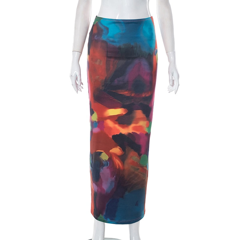 Tie Dye Print High Waist Maxi Skirt
