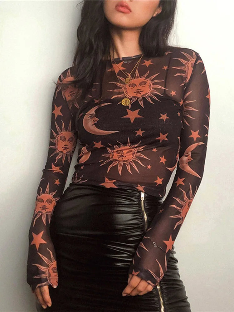 Sun Moon Printed Mesh Women Long Sleeve O-Neck Slim Fit Casual Top - Mellirose