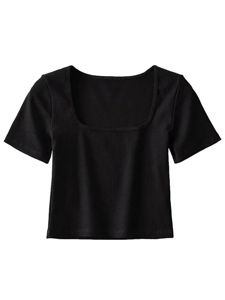 Women’s Square Neck Ribbed Crop T-Shirt – Short Sleeve Summer Top - Mellirose