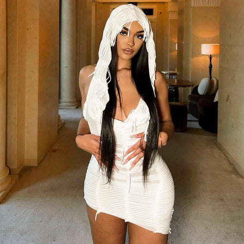 White Hooded Sleeveless Tassel Mini Dress - Mellirose