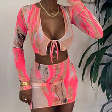 Load image into Gallery viewer, Neon Mesh Lace Up Crop Top Skirt Set
