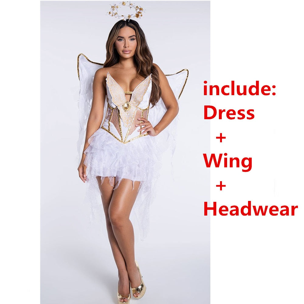 Blossoming Angel costume with wings and headpiece
Dark angel Halloween costume with flowing dress
Angel wings and headpiece costume for cosplay
Mesmerizing dark angel costume for Halloween
Ethereal angel costume with intricate wing design